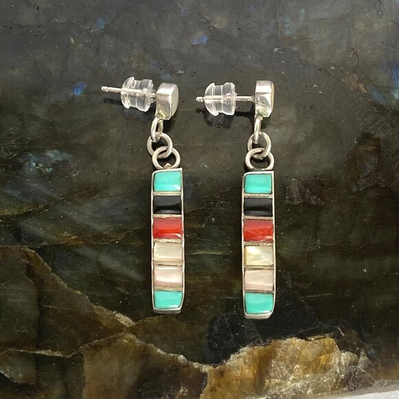 Sterling Silver 925 Multi Gemstone Turquoise Coral MOP Bar Dangle Earrings - Picture 5 of 16